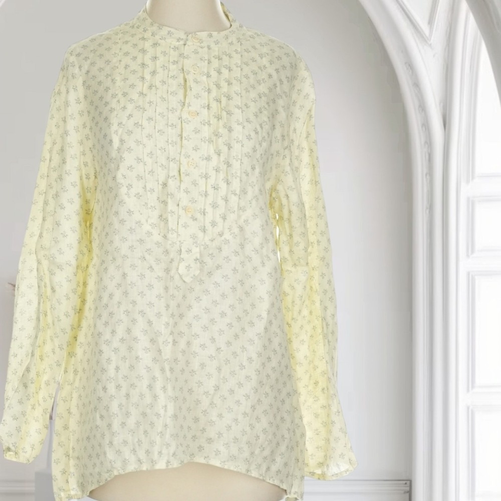 CP Shades Pintuck Ditsy Floral Long Sleeve Linen Butter Yellow Tunic Top Boho XS